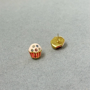 Pink cupcake stud earrings with colorful zircons and striped enamel finish