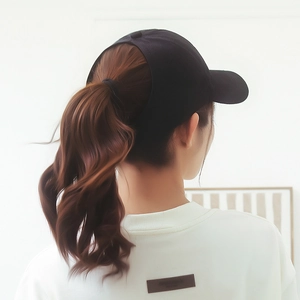 Women's breathable black baseball cap with back opening for high ponytail hairstyle