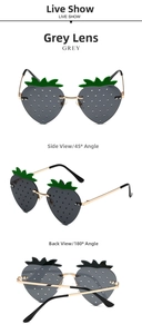 Three-view detail of strawberry-shaped sunglasses with grey lenses and gold metal frame