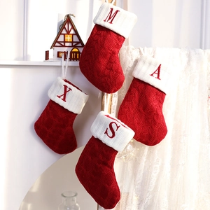 Knitted Christmas Stocking With Alphabet Letter Embroidery Red And White Hanging Ornament For Holiday Fireplace Decor