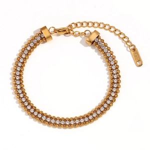 18K gold plated stainless steel triple-layer braided bead bracelet with zircon stones