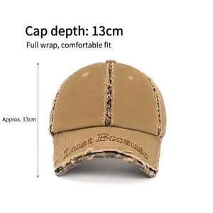 Distressed khaki cotton baseball cap with leopard trim and 13cm deep soft crown design