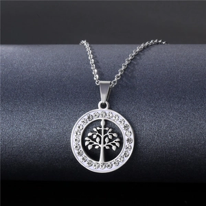 Silver tree of life necklace with pavé crystal circle pendant on minimalist chain