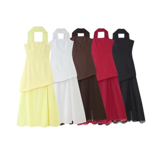 Halter Neck Sleeveless Midi Dress Sexy Women High Waist Patchwork Asymmetric Layered Mesh Chiffon Bodycon Party Dress