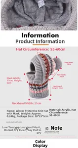Size chart for women's winter knit hat with measurements of beanie, neck warmer and mask