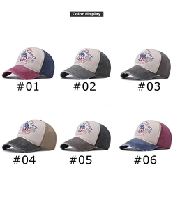 Detail view of six vintage distressed baseball caps with embroidery and washed finish