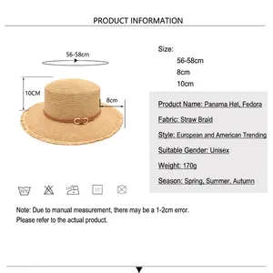 Straw flat top sun hat with leather band and size chart for summer beach travel