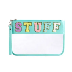 Waterproof mint green PVC makeup bag with STUFF towel embroidery patches and gold zipper