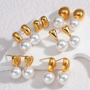 Stainless Steel Artificial Pearl Earrings Vintage Elegant Heart Clover Flower Star Geometric Shapes Jewelry For Women Minimalist French Style
