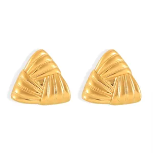 Chic Geometric Triangle Titanium Steel Stud Earrings For Women Retro Spiral Texture Electroplated PVD Gold Two Tone Fashion Jewelry