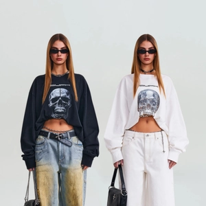 Women Oversized Cotton Sweatshirt Skull Graphic Print Long Sleeve Crew Neck Streetwear Unisex Loose Pullover Top