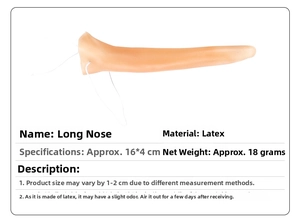 Detailed view of a 16cm latex long nose prop for Halloween cosplay with elastic strap