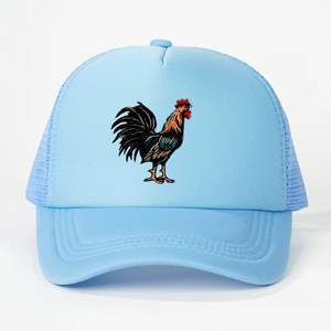 Light blue trucker hat featuring colorful rooster print and breathable mesh back