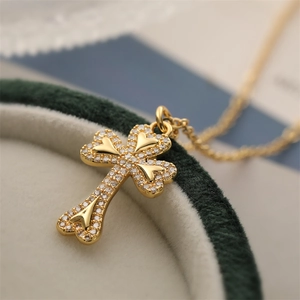 Elegant 18K gold plated cross pendant necklace with white zircon pavé in a green velvet box