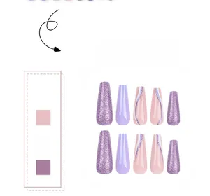 Detail of purple glitter and wave pattern on long ballerina press-on nails set