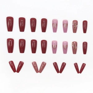 24-piece long ballerina fake nails in burgundy and pink with heart patterns and rhinestones