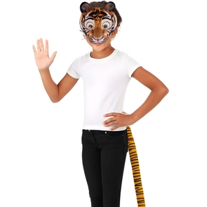 Kids tiger costume set with striped EVA animal mask and matching plush tail for parties
