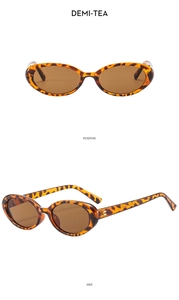Detail view of oval demi-tea sunglasses with tortoise frame in front and side perspectives