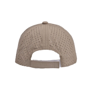 Breathable khaki baseball cap detail with circular laser-cut holes and velcro strap