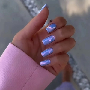 Aurora Purple Blue Metallic Artificial Pearl Square Press-On Nails Full Cover Glossy Artificial Finger Manicure