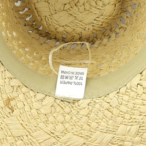Detail of woven paper straw texture with sweatband and wash label for summer hat
