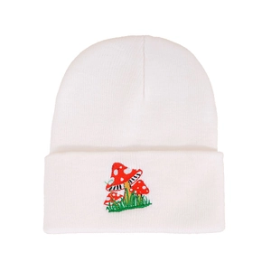 White knitted beanie with cute mushroom embroidery and ribbed cuff for autumn and winter