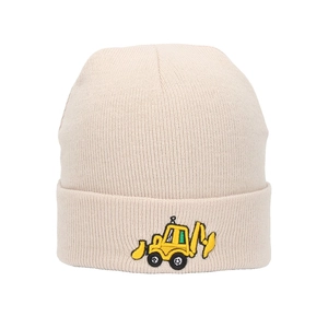 Close-up of knit texture and yellow excavator embroidery on kids winter beanie hat