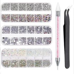Detailed nail art rhinestone set with three storage boxes, wax picker pen, and tweezers