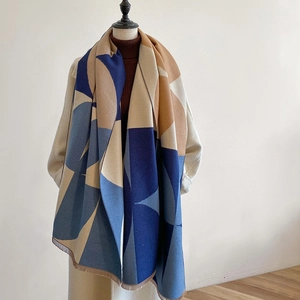 Fashionable thick color-block cashmere-like scarf with tassels for winter warmth