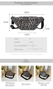 Size chart showing leopard print PU chest bag dimensions and strap usage methods