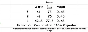 Size chart for bubble sleeve knit sweater showing length and sleeve measurements