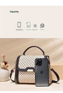 Internal view showing storage for smartphone, power bank and cosmetics in handbag