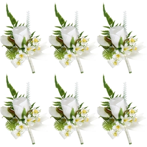 Set of 6 white rose boutonnieres with green leaves for wedding and formal banquet