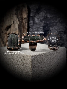 Detail of adjustable bronze ring with irregular raw green tourmaline stone and dimensions