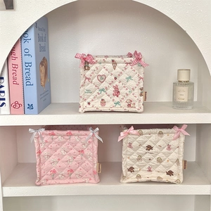 Quilted cotton storage basket with cute patterns and bow ties for desktop organization