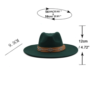 Detail of 9.5cm wide brim fedora with leather band and metal studs on wool felt hat