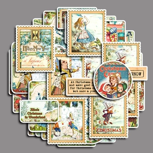 Detail of vintage Alice in Wonderland Christmas stickers with retro stamp edges