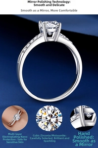 Detail view of S925 sterling silver four-prong hollow ring with one carat moissanite stone