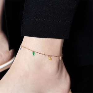 18K gold plated anklet for women featuring colorful rainbow teardrop zircon charms