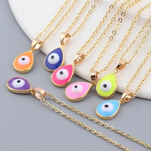 Colorful teardrop evil eye necklaces with vibrant enamel inlay on gold-plated chains