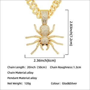 Hip hop spider pendant necklace in gold finish with full rhinestones on Cuban chain link