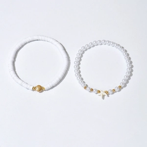 Two-piece starfish and shell anklet set with white heishi beads and imitation pearls