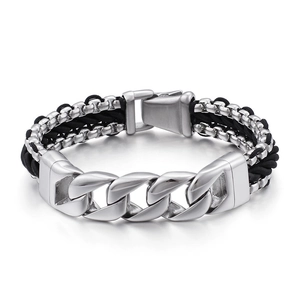 Retro meerlaagse heren armband met zilveren Cubaanse schakelketting en zwart nylon