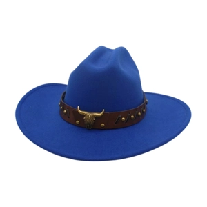 Detail of royal blue wool felt cowboy hat with leather band and golden bull head buckle