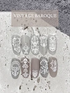 Nail Art Stickers White Embossed Relief Baroque Style Lace Flower Design Self Adhesive Manicure Decoration