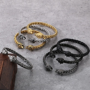 Wolf Head Open Cuff Bangle Stainless Steel Viking Punk Nordic Vintage Twisted Braided Jewelry For Men Women