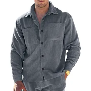 Slim fit men's light grey corduroy long sleeve shirt jacket with chest pocket