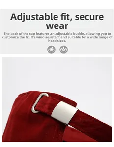 Macro detail of red baseball cap with adjustable metal buckle and striped texture