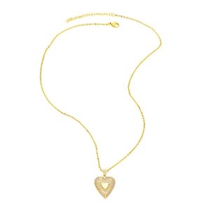 Detailed close-up of golden heart pendant necklace with shimmering zircon stones inlay