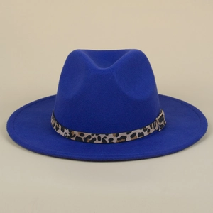 Royal blue wool fedora hat with leopard print band and gold buckle for women